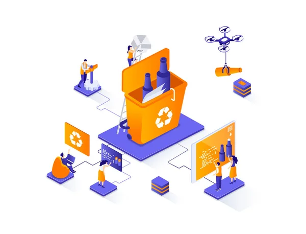 Waste management isometric web banner. Control and management of garbage utilization isometry concept. Waste collection, sorting and recycling 3d scene. Illustration with people characters.
