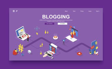 Bloglama konsepti 3d izometrik iniş sayfası şablonu. İnsanlar makaleler yazıyor, video kaydediyor ve çevrimiçi bloglardaki yazılar için farklı içerikler yaratıyorlar. İzometri grafik tasarımında vektör illüstrasyonu.