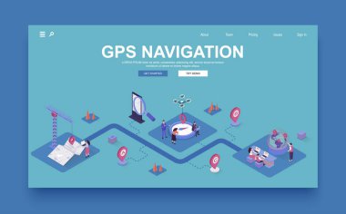 GPS navigasyon konsepti 3d izometrik iniş sayfası şablonu. İnsanlar uygulamalarda online haritalar kullanır, konum araması ile rotaları oluşturur ve izler. İzometri grafik tasarımında vektör illüstrasyonu.