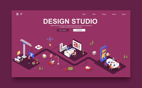 Design Studio Concept Modello Pagina Destinazione Isometrica Persone Lavorano Agenzia — Vettoriale Stock