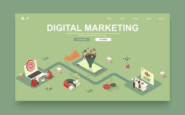 Digitális Marketing Koncepció Izometrikus Kezdőlap Sablon Emberek Reklámügynökségnél Dolgoznak Elemzik — Stock Vector