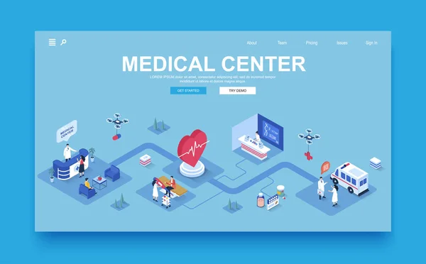 Medicinskt Center Koncept Isometrisk Landningssida Mall Människor Besöker Sjukhus Får — Stock vektor