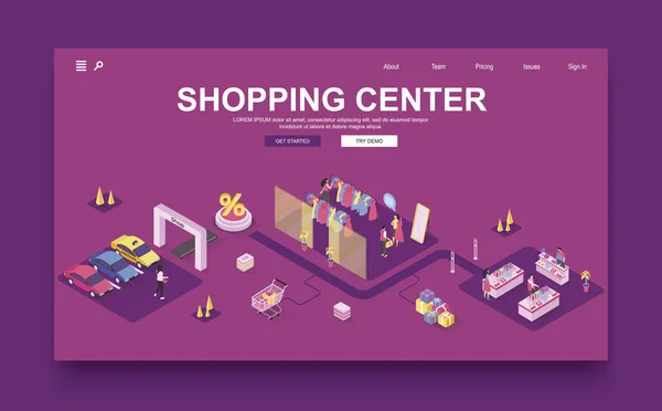 Shopping Center Koncept Isometrisk Landningssida Mall Människor Väljer Kläder Butik — Stock vektor