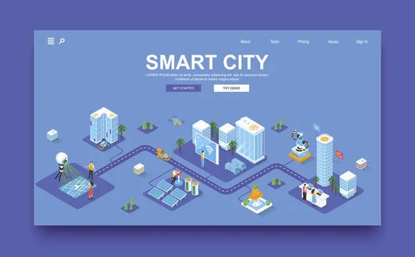 Smart City Konzept Isometrische Landing Page Vorlage Die Menschen Leben — Stockvektor