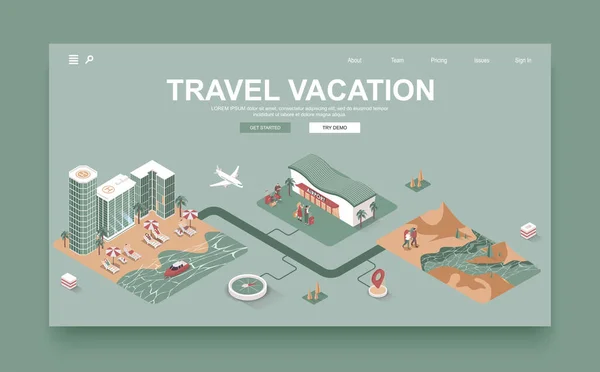 旅行度假概念3D等距登陆页模板 人们预订机票和旅馆房间 在海滩上放松一下 或在山上爬山 等距平面设计中的矢量图解 — 图库矢量图片