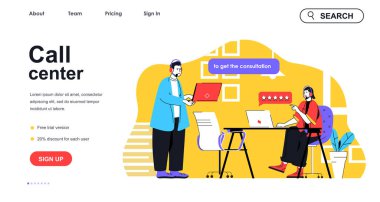 İniş sayfası şablonu için çağrı merkezi kavramı. Kulaklık takmış kadın ve erkek müşterilere cevap veriyor. Teknik destek danışma insanları sahnesi. Web paneli için düz karakter tasarımlı vektör illüstrasyonuName