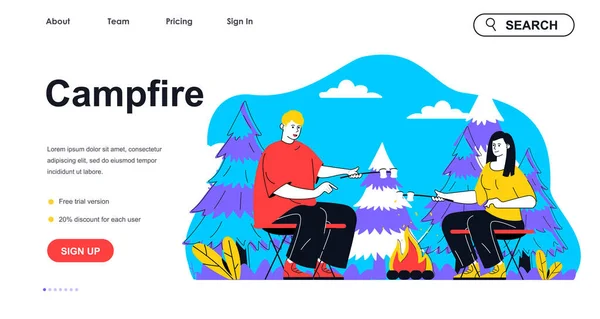 Campfire Camping Concept Für Landing Page Template Mann Und Frau — Stockvektor