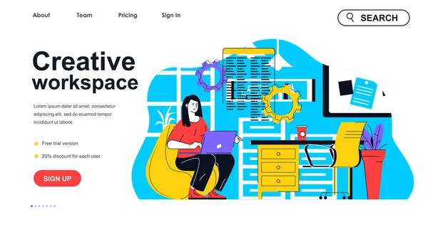 Creative Workspace Concept Landing Page Template Woman Working Laptop Office — Stock Vector