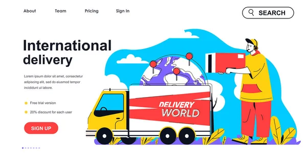 International Delivery Concept Voor Landing Page Template Koerier Draagt Doos — Stockvector