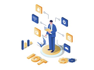 IOT analitik kavramı 3D izometrik web sahnesi. Veritabanı ve bulut işleme verilerini kullanarak farklı IOT aygıtlarından toplanan verilerle çalışan insanlar. İzometri grafik tasarımında illüstrasyon