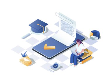 Yönetim sistemi konsepti 3d izometrik web sahnesi öğreniliyor. Çevrimiçi kurslarda okuyan ve farklı yazılım ve eğitim hizmetleri kullanan insanlar. İzometri grafik tasarımında illüstrasyon