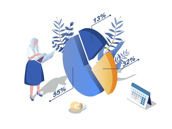 Pie chart concept 3d isometric web scene. People working with data diagram with sectors and percentages, making statistical analysis graphs for report. Illustration in isometry graphic design