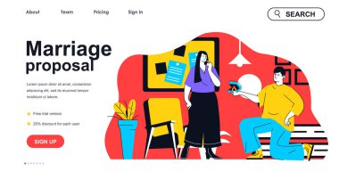 İniş sayfası şablonu için evlilik teklifi konsepti. Diz çöken adam kadına yüzük teklif eder. Nişan ve aşk ilişkileri sahnesi. Web paneli için düz karakter tasarımlı vektör illüstrasyonuName