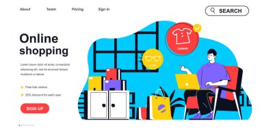 İniş sayfası şablonu için online alışveriş konsepti. Müşteri malları seçiyor ve dizüstü bilgisayarla alışveriş yapıyor. E-ticaret insanları sahnesi. Web paneli için düz karakter tasarımlı vektör illüstrasyonuName
