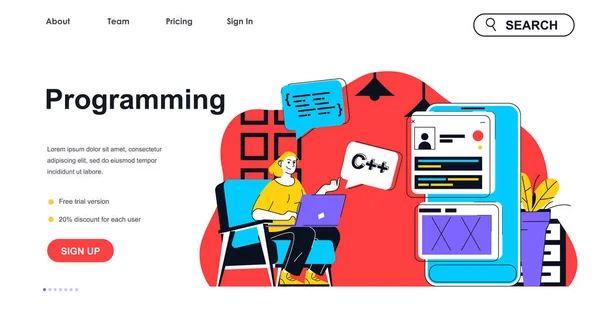 Programmering Concept Voor Landing Page Template Vrouw Die Code Schrijft — Stockvector