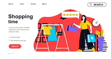 İniş sayfası şablonu için alışveriş zamanı konsepti. Kadın butikten yeni kıyafetler alıyor. Alıcı mağazadaki insanların sahnesinden kelepir alımlar yapar. Web paneli için düz karakter tasarımlı vektör illüstrasyonuName