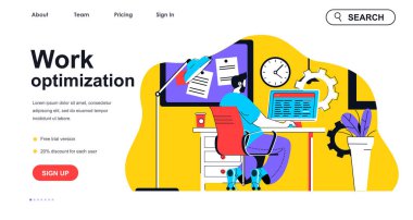 İniş sayfası şablonu için optimizasyon konsepti. İnsanoğlu program yaratır ve iş akışı süreçlerini planlar. Zaman yönetimi insanları sahnesi. Web paneli için düz karakter tasarımlı vektör illüstrasyonuName