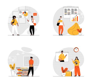 Karakter setiyle eğitim ve öğrenme kavramı. Sahne koleksiyonu dersler ve webinarlar üzerinde çalışan insanlar sunum raporlarını tartışıyor, kitap okuyorlar. Düz web dizaynında vektör çizimleri