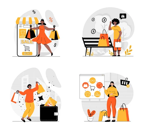 Shopping Concept Character Set Collection Scenes People Making Bargain Purchases — Stock Vector
