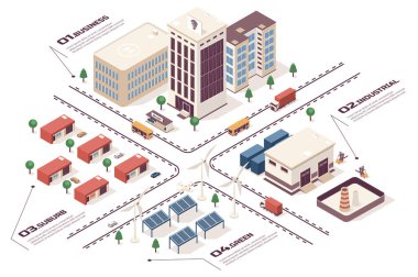 Akıllı şehir konsepti 3d izometrik web bilgi akışı süreci. İş binalarının altyapı haritası, sanayi bölgesi, yeşil enerji, banliyö. İzometri grafik tasarımında vektör illüstrasyonu