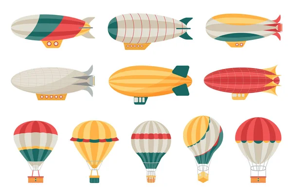平面デザインの漫画の飛行船のメガセット要素 さまざまな種類と色の熱気球や野菜のバンドル ヴィンテージ航空輸送 ベクトル図 孤立したグラフィックオブジェクト — ストックベクタ