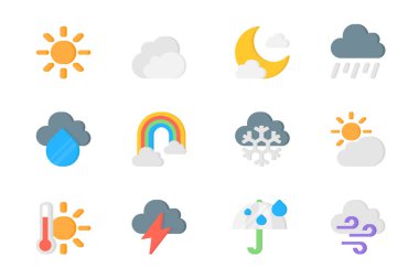 Hava 3D simgeleri ayarlandı. Güneş, bulut, ay, yağmur, yağmur, gökkuşağı, kar taneleri, bulutlu, sıcak hava sıcaklığı, rüzgar, meteoroloji tahminleri. Mobil uygulama ve web tasarımı için vektör ögeleri