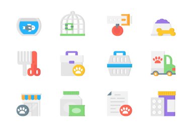 Veteriner 3d simgeleri ayarlandı. Düz piktogramlar halinde akvaryum, kafes, tasma, köpek maması, tımar, veteriner, kedi taşıyıcısı ve diğerleri. Mobil uygulama ve web tasarımı için vektör ögeleri