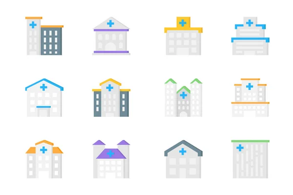 Hospital Buildings Icons Set Pack Flat Pictograms Different Types Exterior — Stock Vector