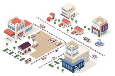Tıp merkezi konsepti 3d izometrik web bilgi akışı süreci. Eczane, hastane, klinik ve acil durum arabalarının olduğu altyapı haritası. İzometri grafik tasarımında illüstrasyon