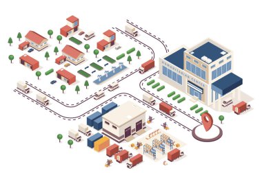 İnsani destek konsepti 3d izometrik web bilgi akışı süreci. Altyapı haritası, binalar, depo, gönüllü merkezi, teslimat. İzometri grafik tasarımında illüstrasyon