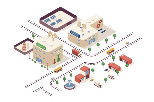 Научно-лабораторная концепция 3d изометрического веб-инфографического рабочего процесса. Карта инфраструктуры с научно-исследовательской лабораторией, тестовые здания по химии. Иллюстрация в изометрии графического дизайна