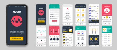 Web şablonları için müzik mobil uygulama ekranları ayarlandı. Giriş hesabı paketi, çalma listesi, ses oynatıcı, eşitleyici, ayarlar, radyo ve diğer modeller. Düzen için UI, UX, GUI kullanıcı arayüzü kiti. Vektör tasarımı