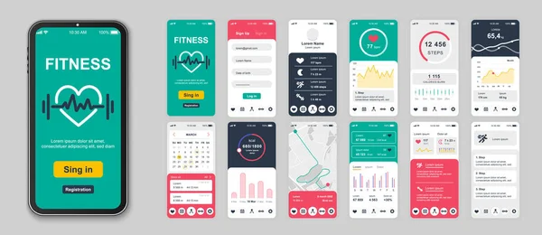 Fitness Mobile App Screens Set Web Templates Pack Login Exercise — Stock Vector