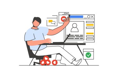 Karakter sahnesi olan sosyal ağ ana hatları web konsepti. Adam bakınıyor, blogdaki fotoğrafları ve yorumları seviyor. Düz çizgi dizaynındaki insanlar. Sosyal medya pazarlama materyali için vektör illüstrasyonu.