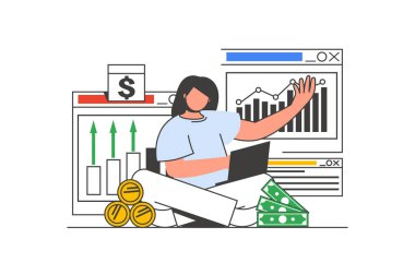 Finansal bütçe ana hatlarıyla karakter sahnesi ile web konsepti. Kadın kişisel finansmanı hesaplar ve planlar. Düz çizgi dizaynındaki insanlar. Sosyal medya pazarlama materyali için vektör illüstrasyonu.