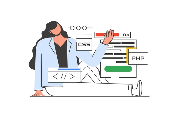 Programming Working Outline Web Concept Character Scene Woman Creates Code — Stock Vector