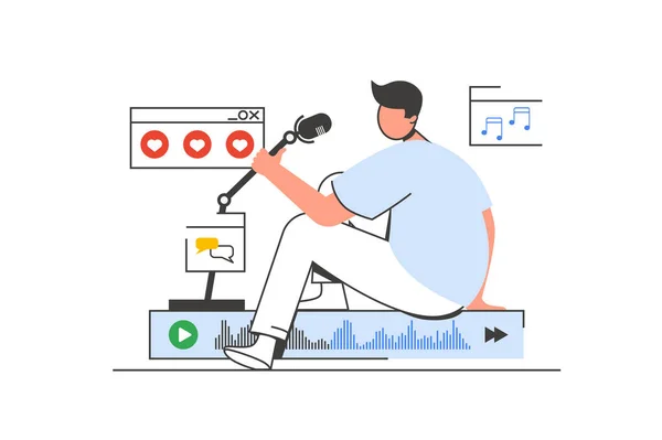 Podcast Streaming Osnovy Web Koncept Znakovou Scénou Muž Mluví Mikrofonu — Stockový vektor