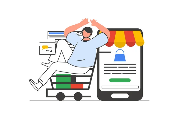Mobile Commerce Skizziert Webkonzept Mit Charakterszene Man Kauft Online Ein — Stockvektor