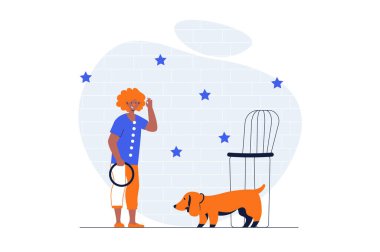 Karakter sahnesi olan sirk web konsepti. Palyaço ve sirk hayvan eğitmeni köpekle konser veriyor. Düz dizaynlı insanlar. Sosyal medya pazarlama materyali için vektör illüstrasyonu.