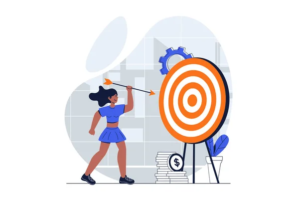 Business Target Web Concept Character Scene Woman Hits Target Arrow — Stock Vector
