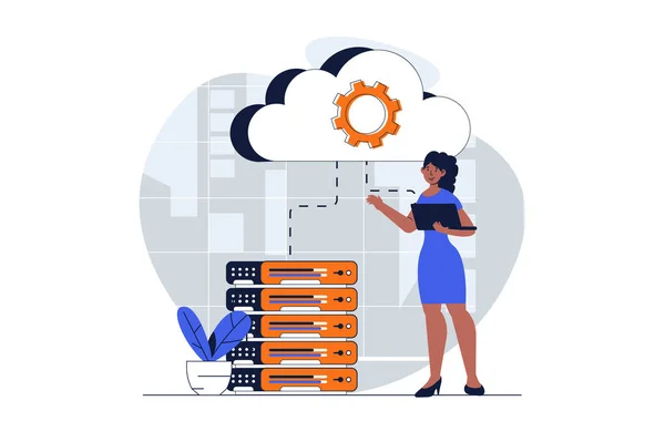 Cloud Data Center Webkonzept Mit Charakterszene Frau Arbeitet Mit Cloud — Stockvektor