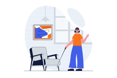 Engelliler web sitesinde karakter sahnesi ile ilgili bir kavram. Gözlüklü ve bastonlu kör kadının aktif bir yaşam tarzı var. Düz dizaynlı insanlar. Sosyal medya pazarlama materyali için vektör illüstrasyonu.