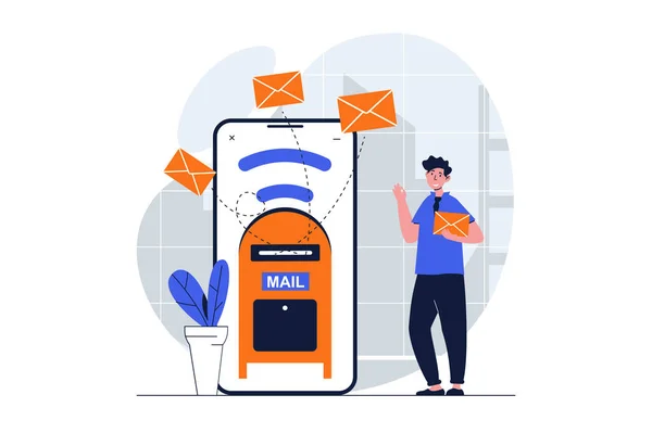 Koncepcja Web Marketing Mail Sceną Postaci Człowiek Robi Pocztę Reklamową — Wektor stockowy