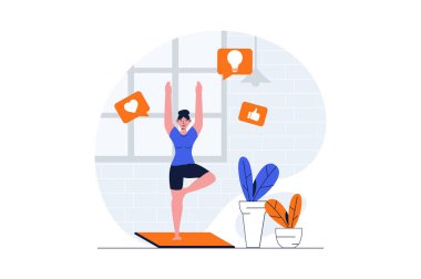 Karakter sahnesi olan yoga asanas konsepti. Yoga yapan, esneyen ve güçlü vücutlar eğiten bir kadın. Düz dizaynlı insanlar. Sosyal medya pazarlama materyali için vektör illüstrasyonu.