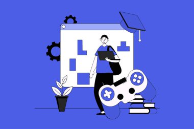 Düz tasarımda karakter sahnesi ile web konseptini öğrenmede Gamification. Ödül kazanmak için çalışan ve seviye yarışmalarını tamamlayan insanlar. Sosyal medya pazarlama materyali için resim.