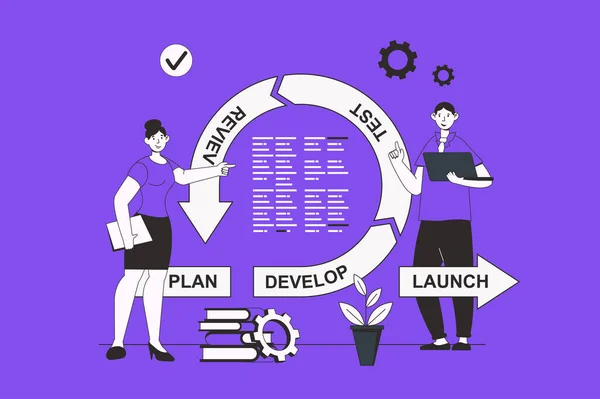 Agile development web concept with character scene in flat design. People working and develop software, test, review and other devops cycle. Illustration for social media marketing material.