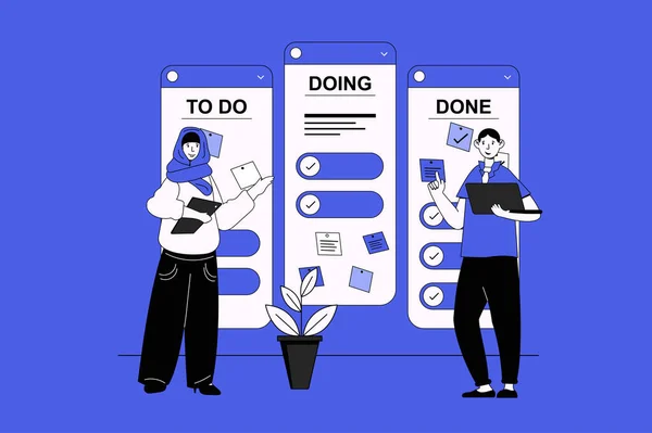 Kanban web concept with character scene in flat design. People using cards with tasks on board for visualizing workflow and works on project. Illustration for social media marketing material.