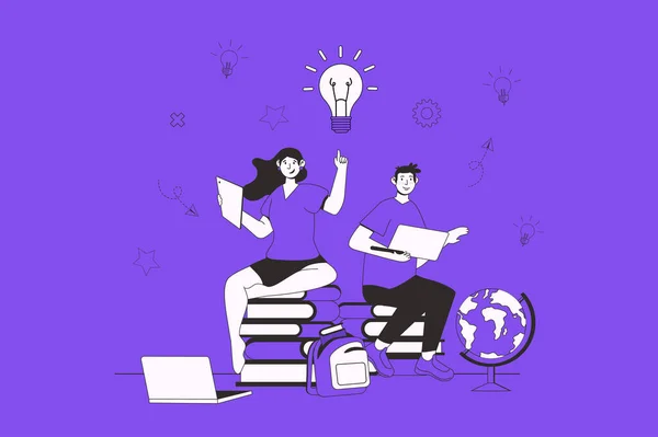 Knowledge web concept with character scene in flat design. People reading different books for improving skills and preparing to graduates exam. Illustration for social media marketing material.