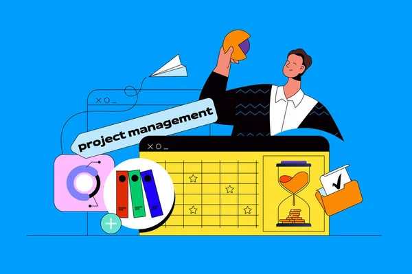 Project Management Web Concept Χαρακτήρα Διαχειριστής Προγραμματίζει Καθήκοντα Και Τις — Διανυσματικό Αρχείο