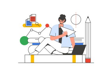 Karakter sahnesi olan web sitesi konseptine geri dönelim. Öğrenci çevrimiçi çalışıyor ve ödev yapıyor. Düz çizgi dizaynındaki insanlar. Sosyal medya pazarlama materyali için resim.